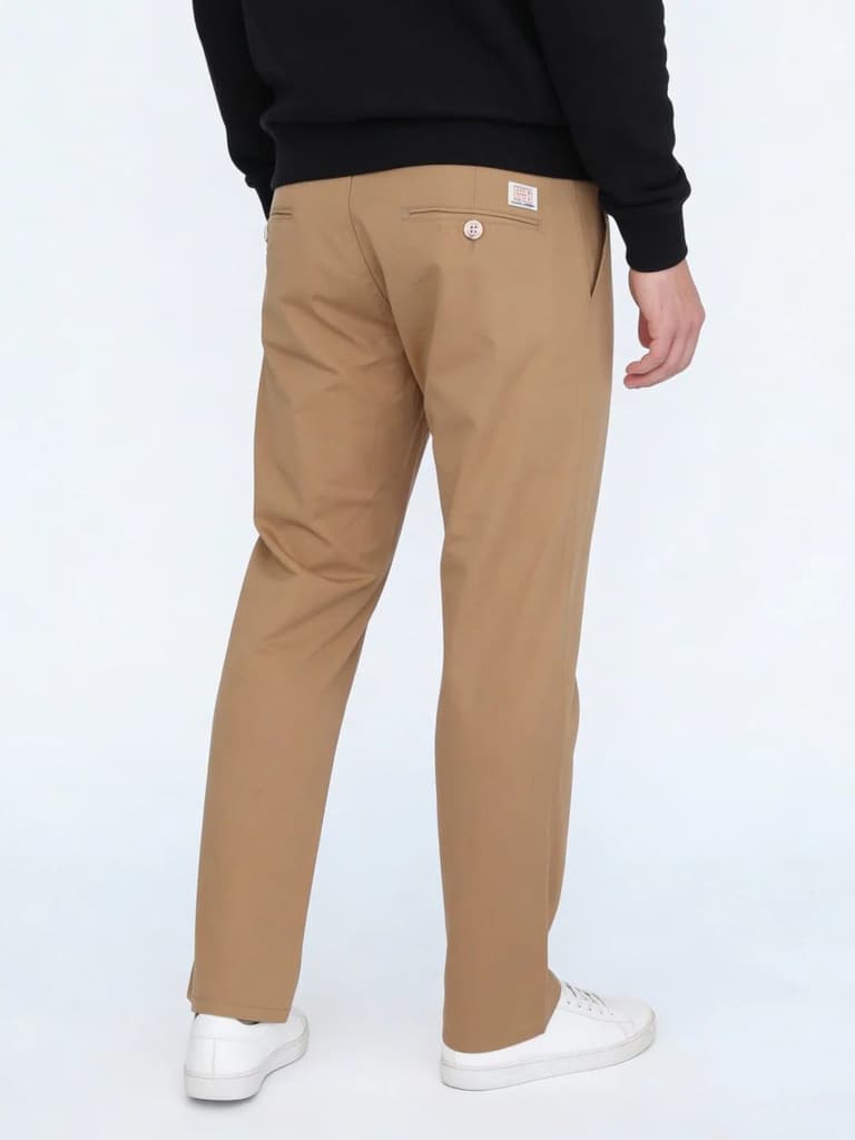 Men's Beige Straight Fit Mid Rise Cotton Casual Chinos Trousers Stretch — photo 3