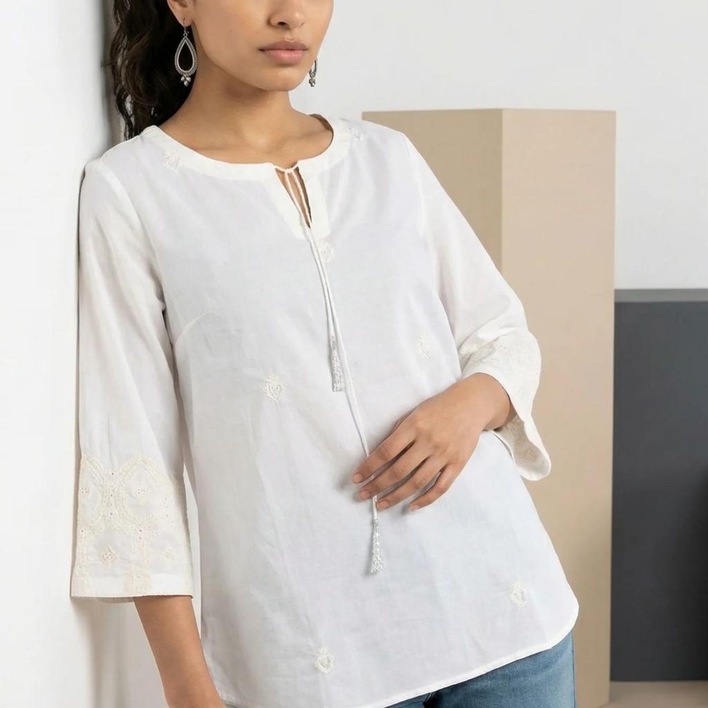 White Embroidered Pure Cotton Straight Top