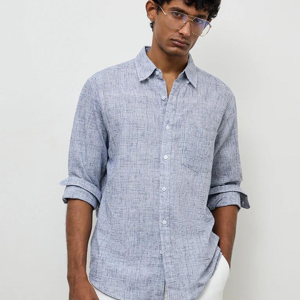 WES Casuals Navy Checks-Textured Relaxed-Fit Cotton-Blend Shirt