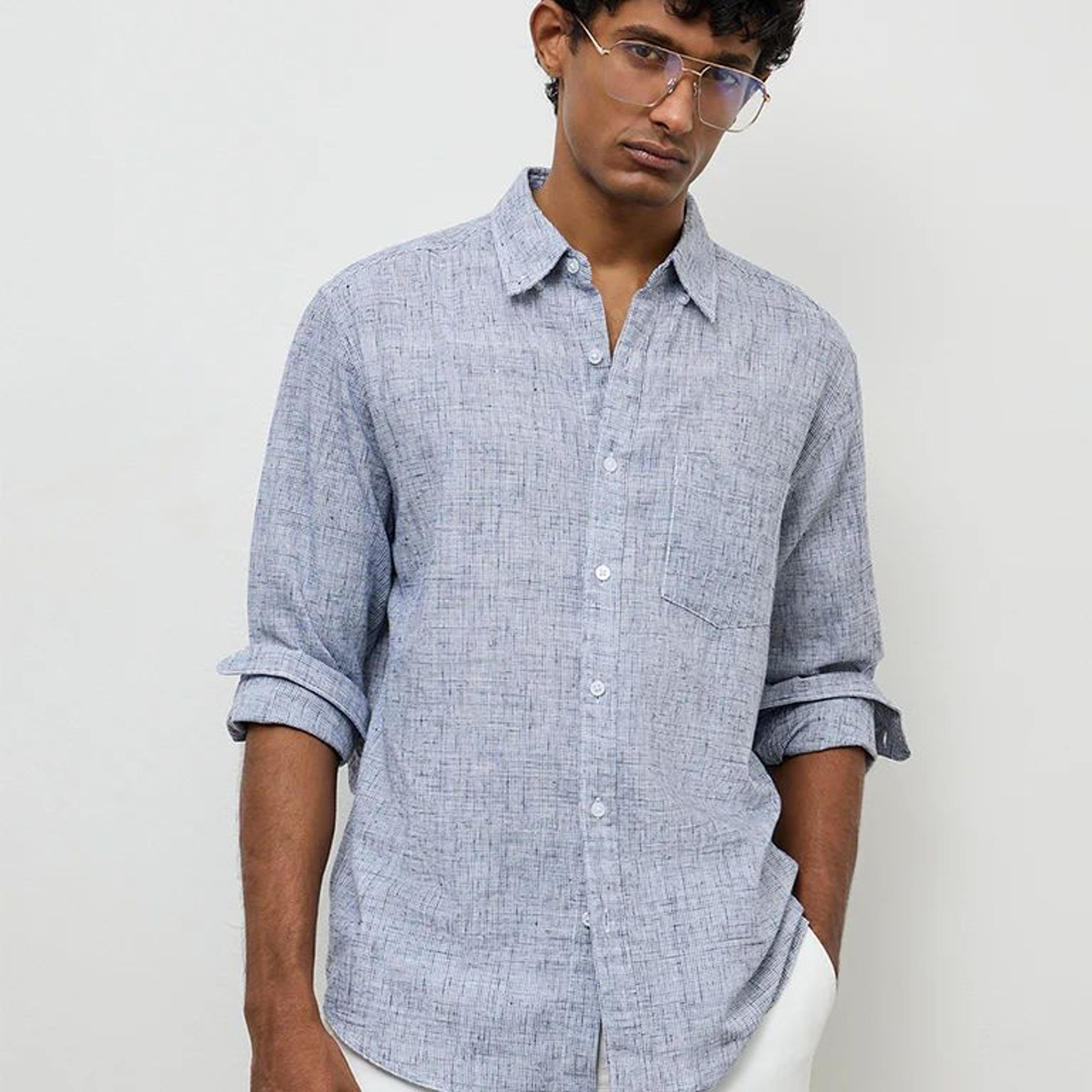 WES Casuals Navy Checks-Textured Relaxed-Fit Cotton-Blend Shirt