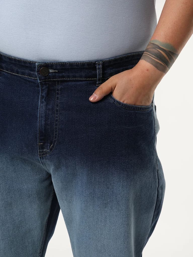 Plus Men's Blue Straight Fit Heavy Washed Faded Denim Jeans Stretchable — photo 6
