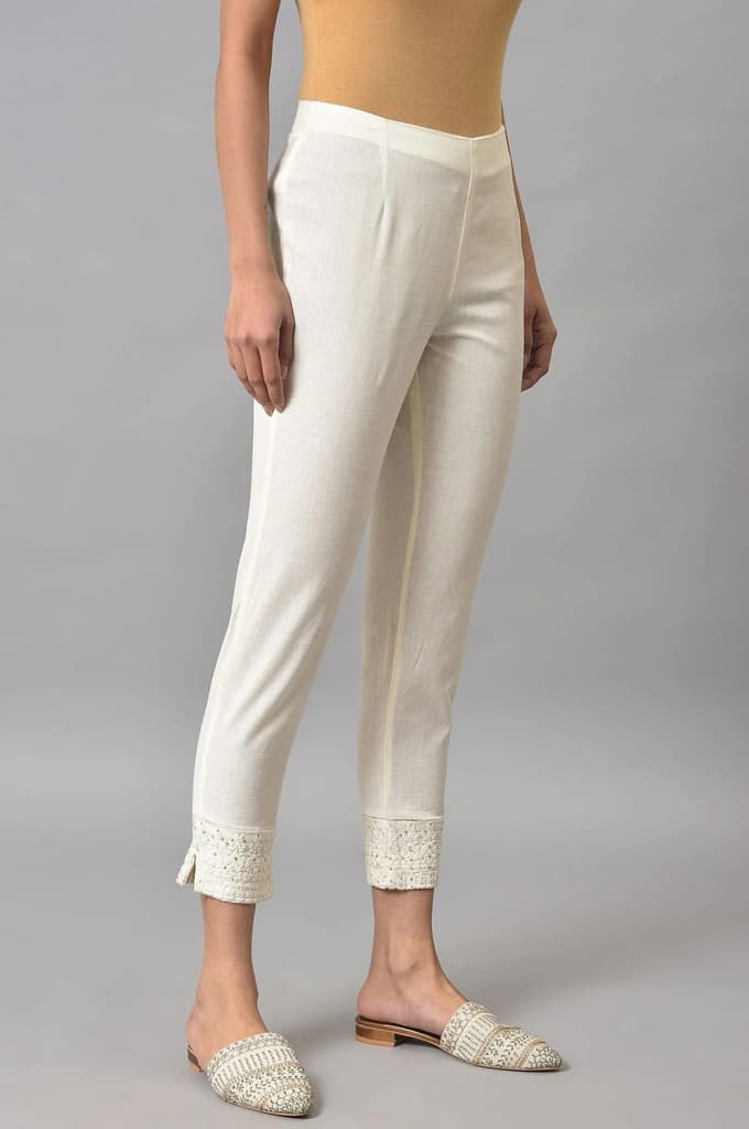 White Embroidered Cotton Flax Slim Pants — photo 4