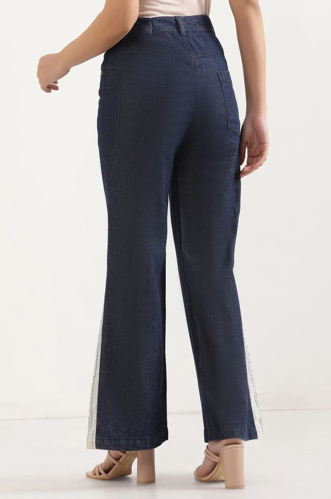 Blue Solid Flared Denim Palazzo With Printed Side Inserts — photo 4