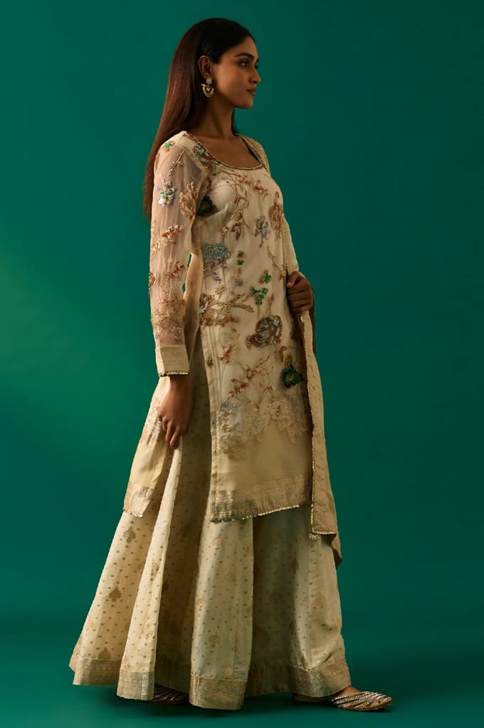 Beige Embroidered Straight Tissue Kurta with Sharara and Dupatta Set — photo 5