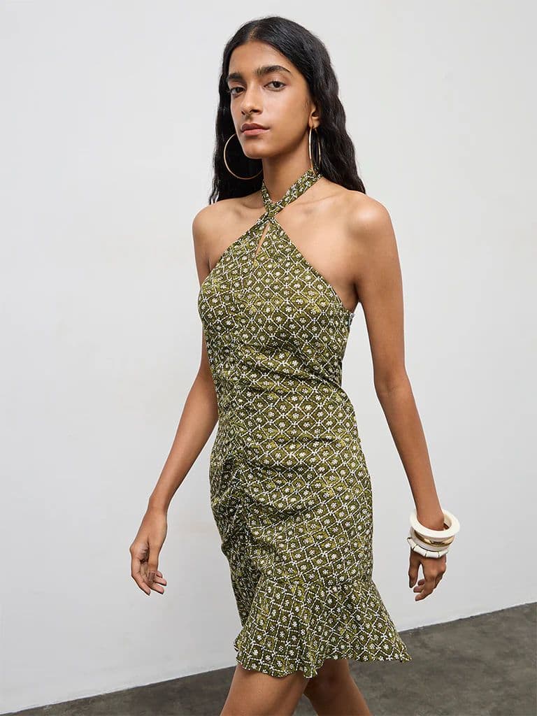Bombay Paisley Olive Printed Cotton Straight Dress