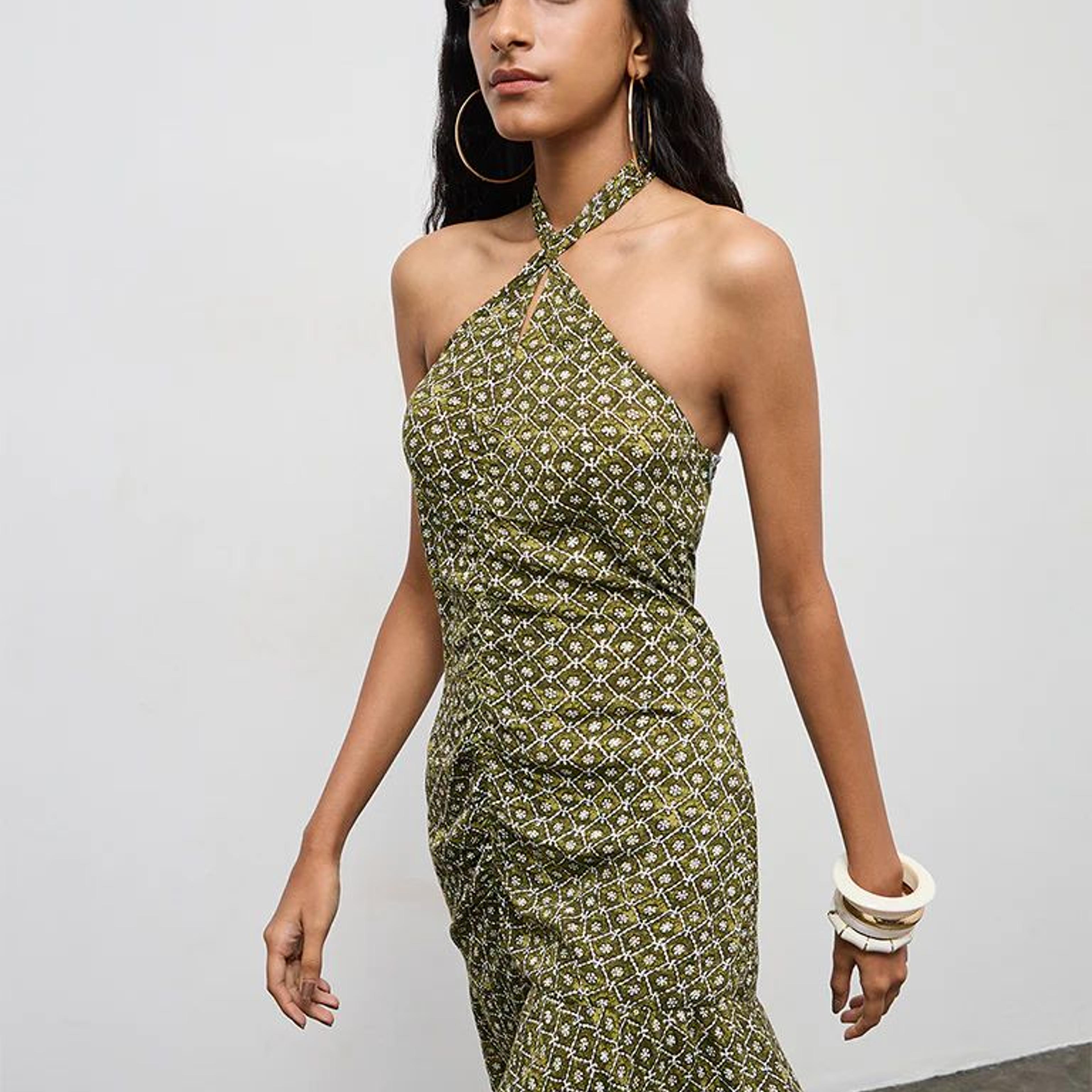 Bombay Paisley Olive Printed Cotton Straight Dress