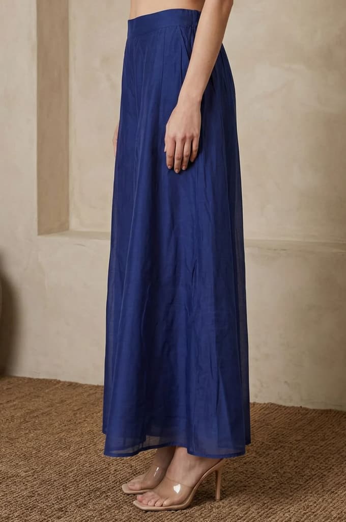 Navy Blue Solid Chanderi Flared Ankle Length Cullotes — photo 2