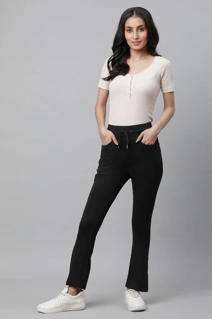 Black Solid Boot Cut Pants With Drawstring — photo 5
