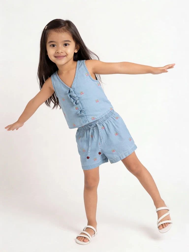 HOP Kids Girls Light Blue Embroidered Denim Top and Shorts Set