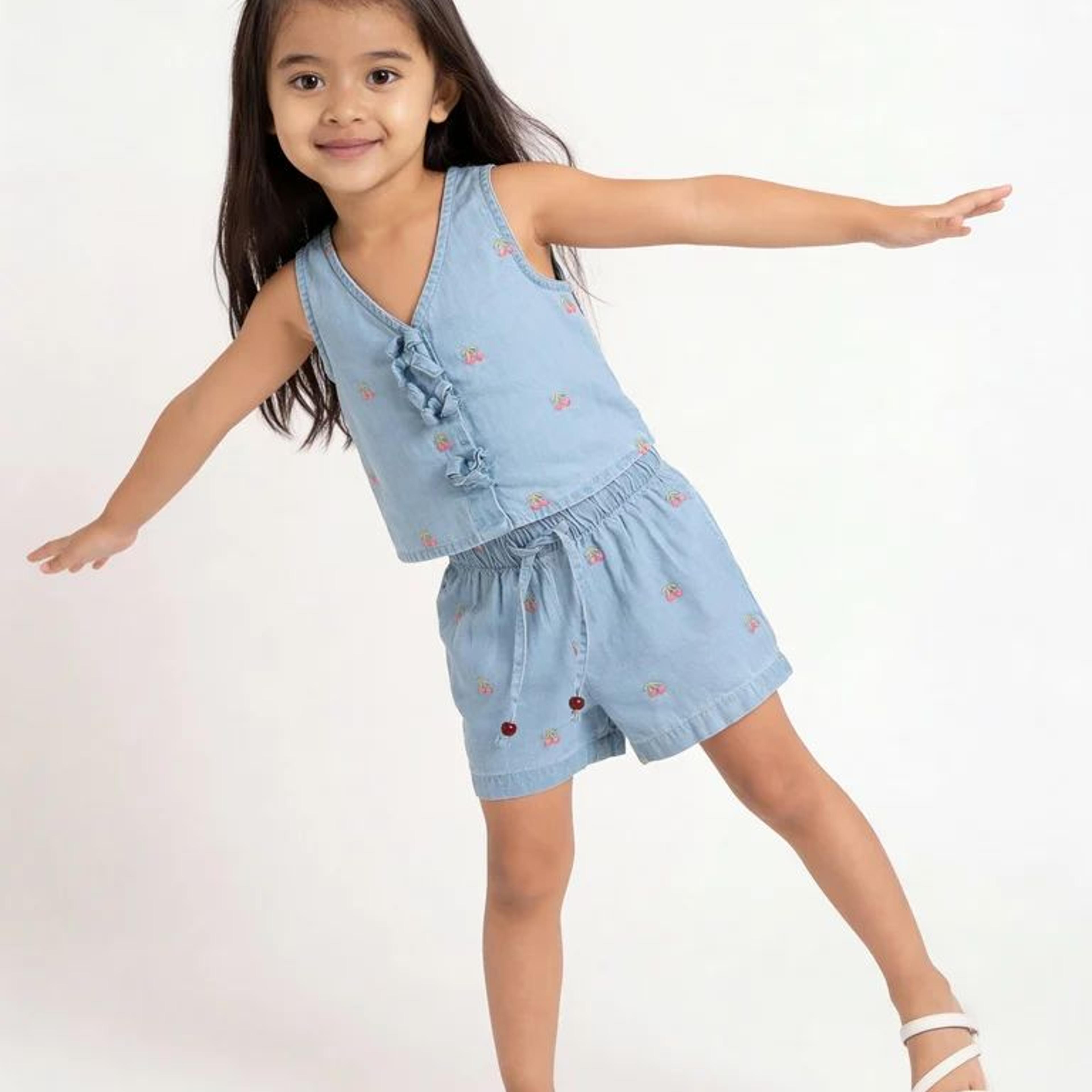 HOP Kids Girls Light Blue Embroidered Denim Top and Shorts Set