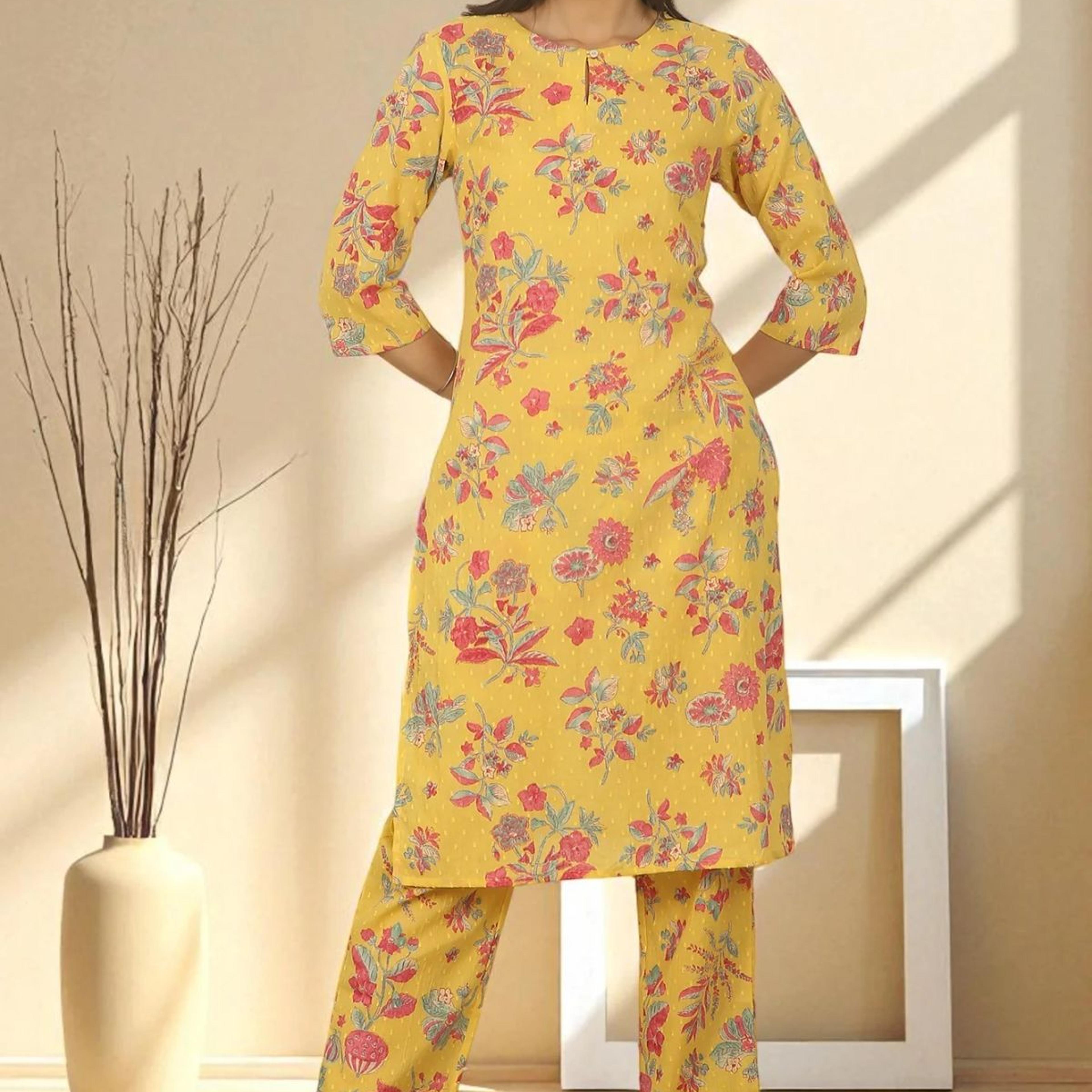 Yellow Floral Printed Swiss Dot Cotton Straight Kurta and Pants Co-ord Set