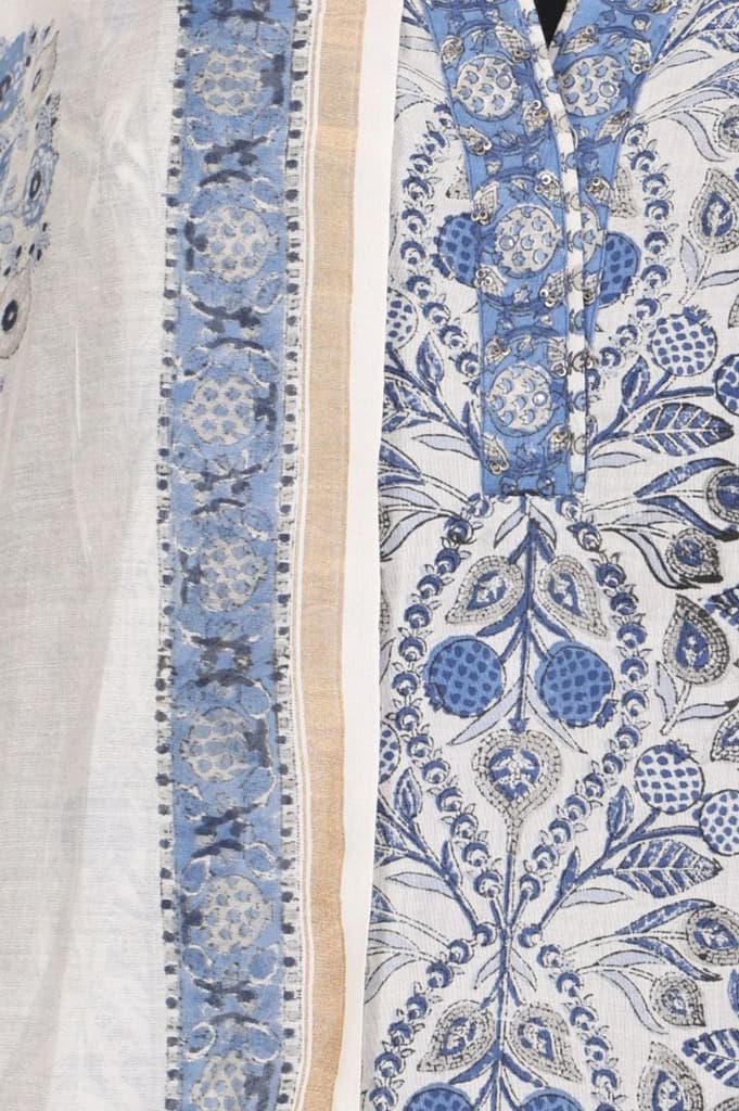 White Block Printed Pure Cotton Straight Kurta with Pants and Dupatta Set — photo 3