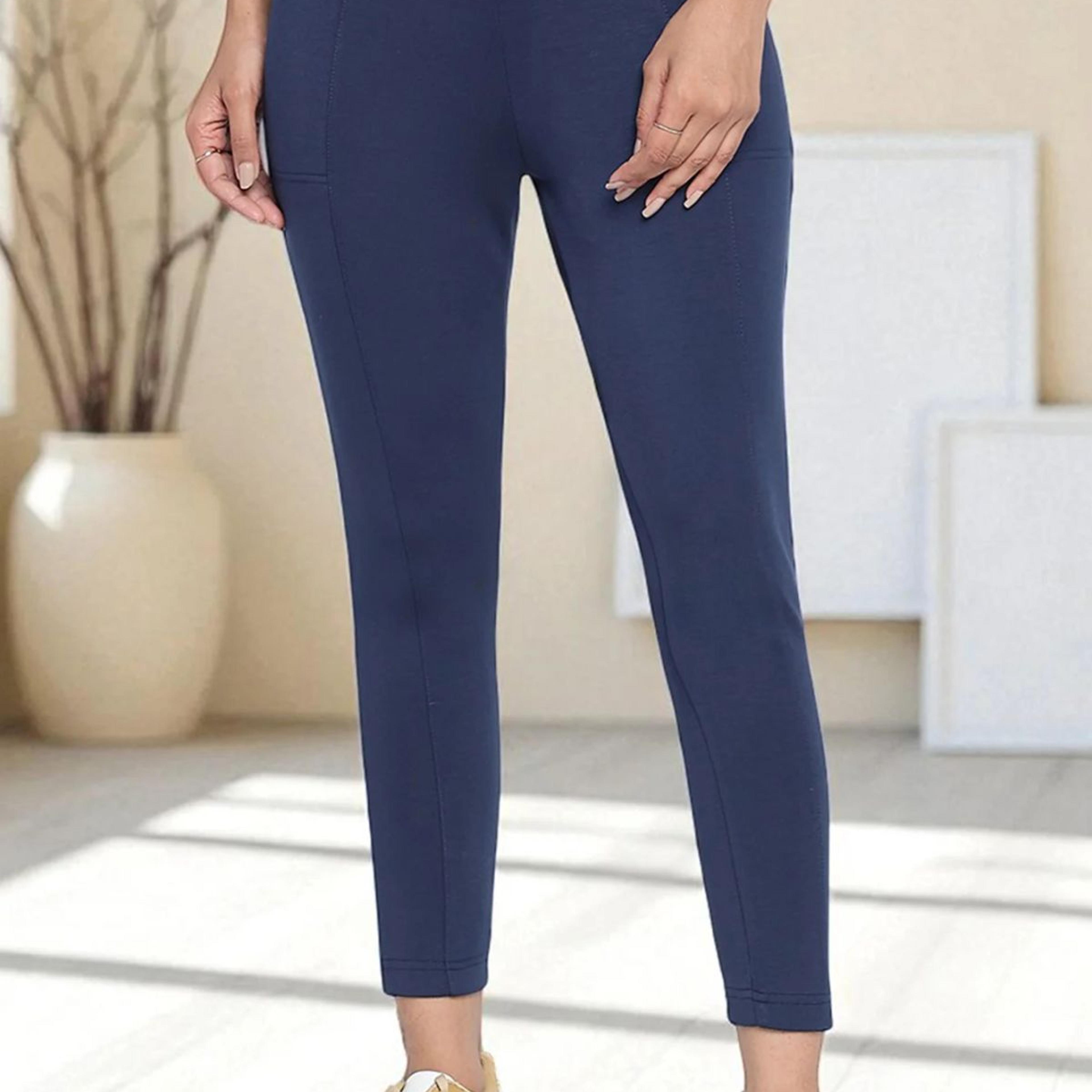 Navy Blue Solid Mid Rise Tights in Calf Length