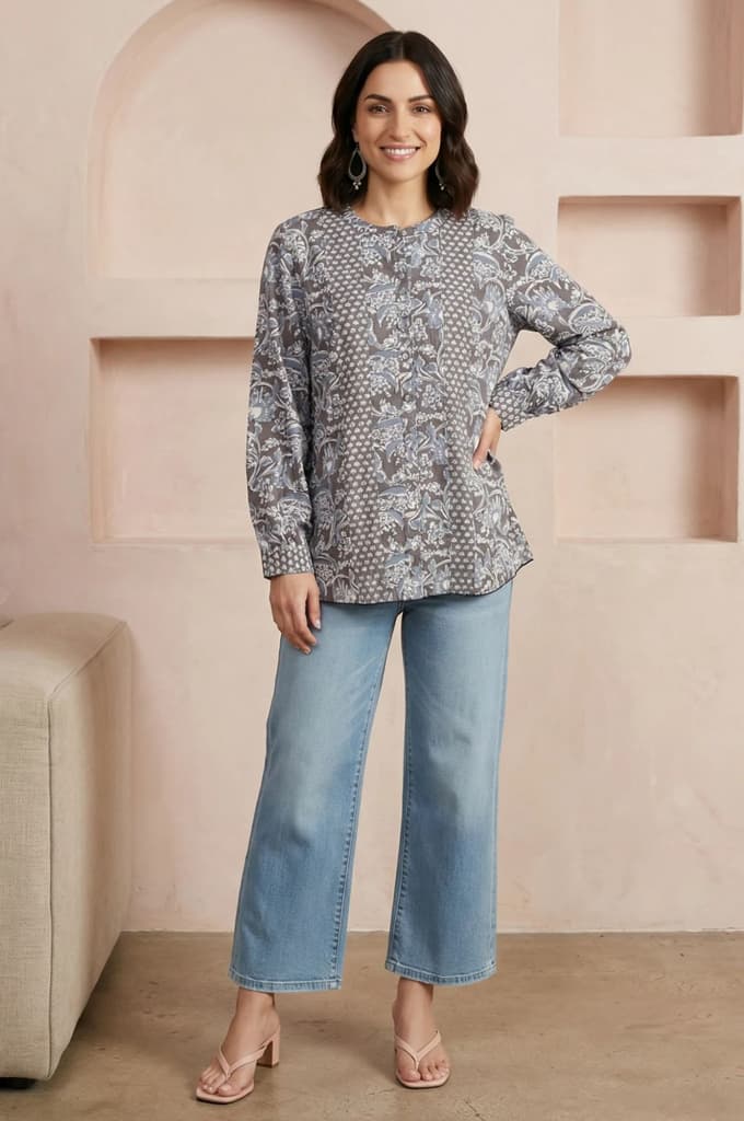 Grey Floral Rayon Straight Top — photo 3