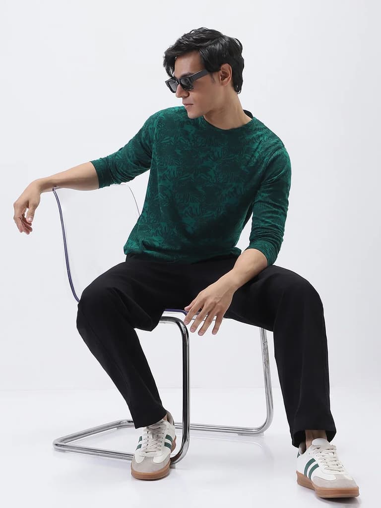 Men's Slim Fit Dark Green Printed Full Sleeve T-Shirt — photo 5