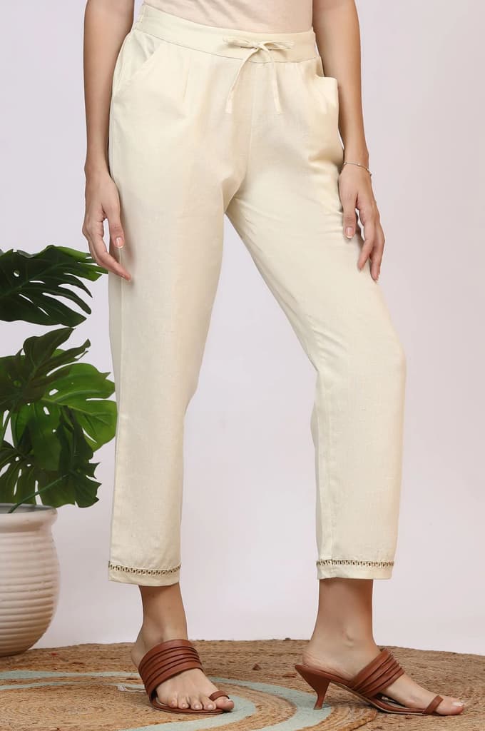 Off-White Solid Cotton Flax Straight Pants with Embroidered Hemline — photo 5