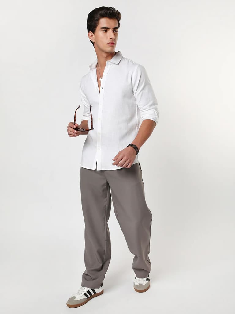 Men's White Linen Blend Full Sleeve Relaxed Fit Casual Solid Shirt — photo 4