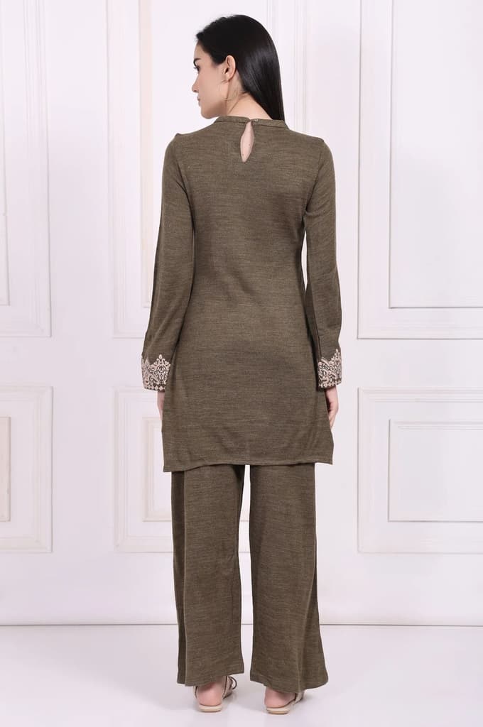 Olive Embroidered Straight Acrylic Kurta with Parallel Pant Set — photo 5