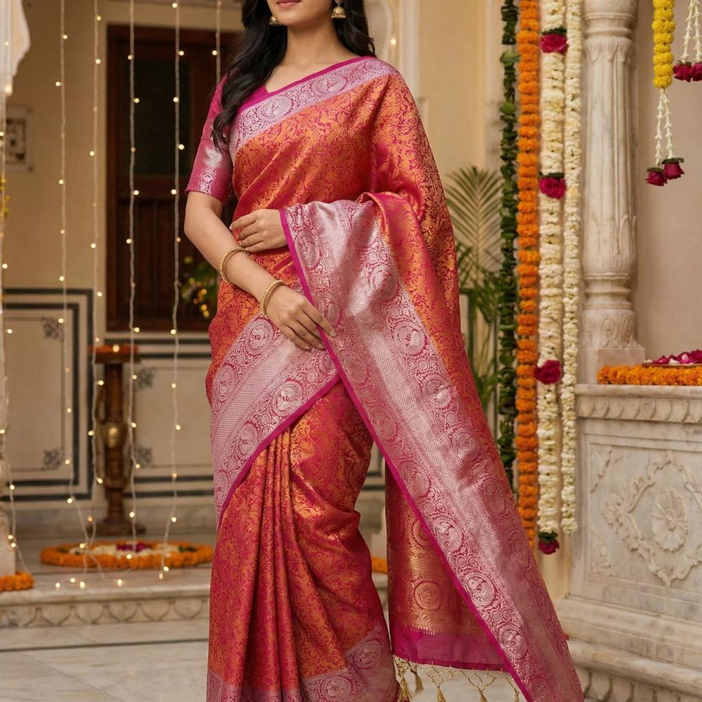 MIMOSA Women's Woven Design Banarasi Style Art Silk Saree with Blouse Piece - Mejanta ( SA00003133MJFREE )