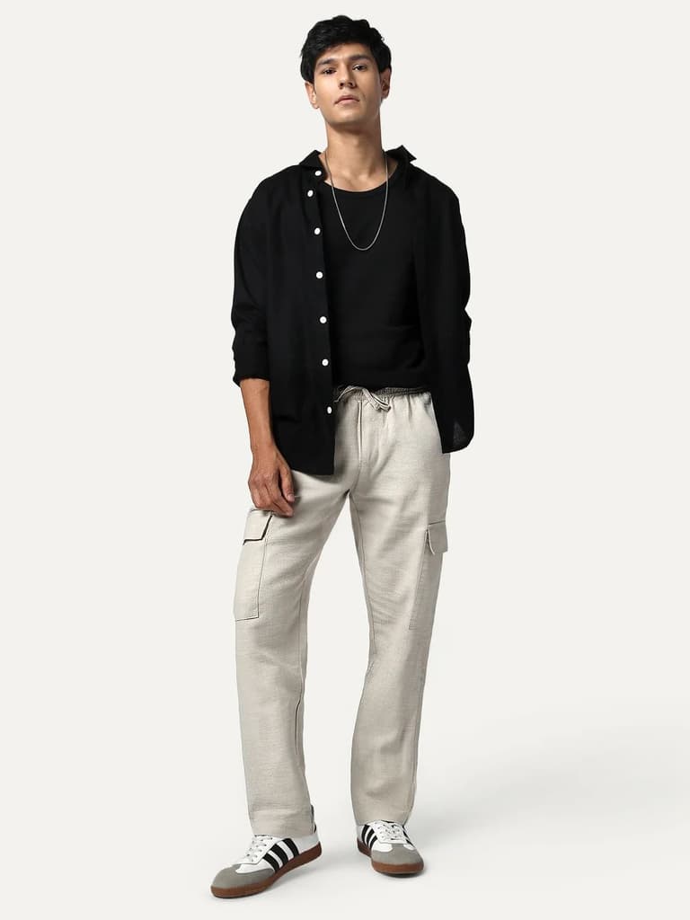 Men's Beige Straight Fit Linen Cargo Pants with 6 Pockets — photo 4