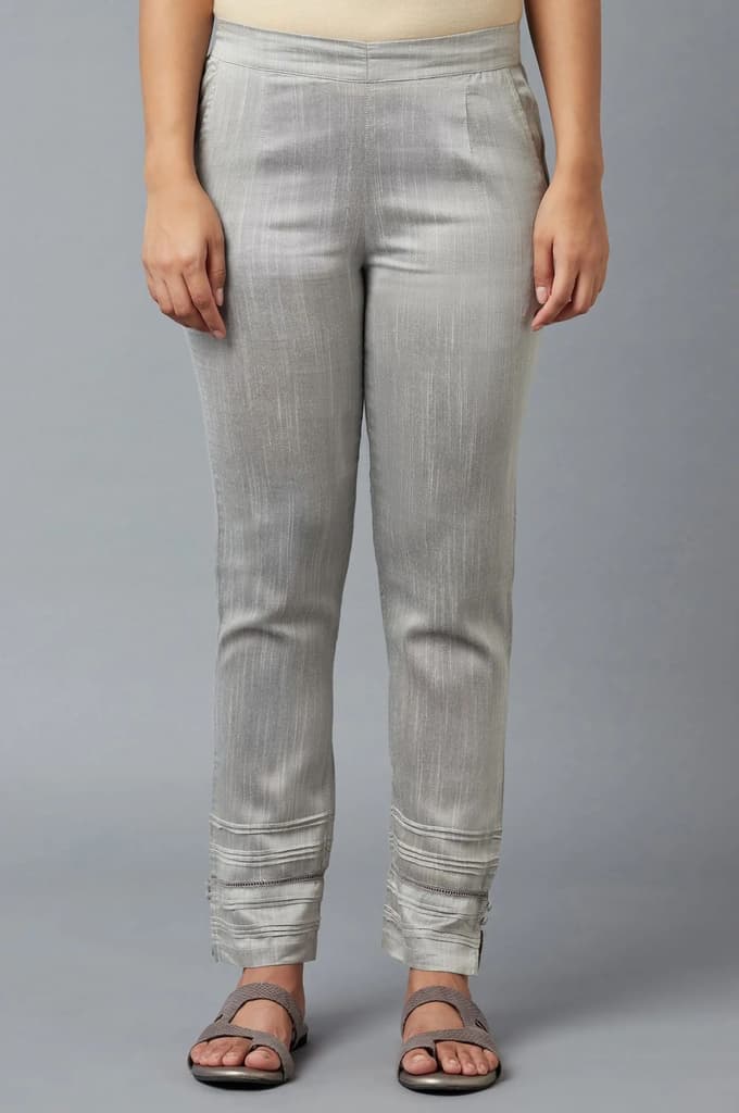 Grey Solid Straight Fit Trousers With Elasticated Waistband