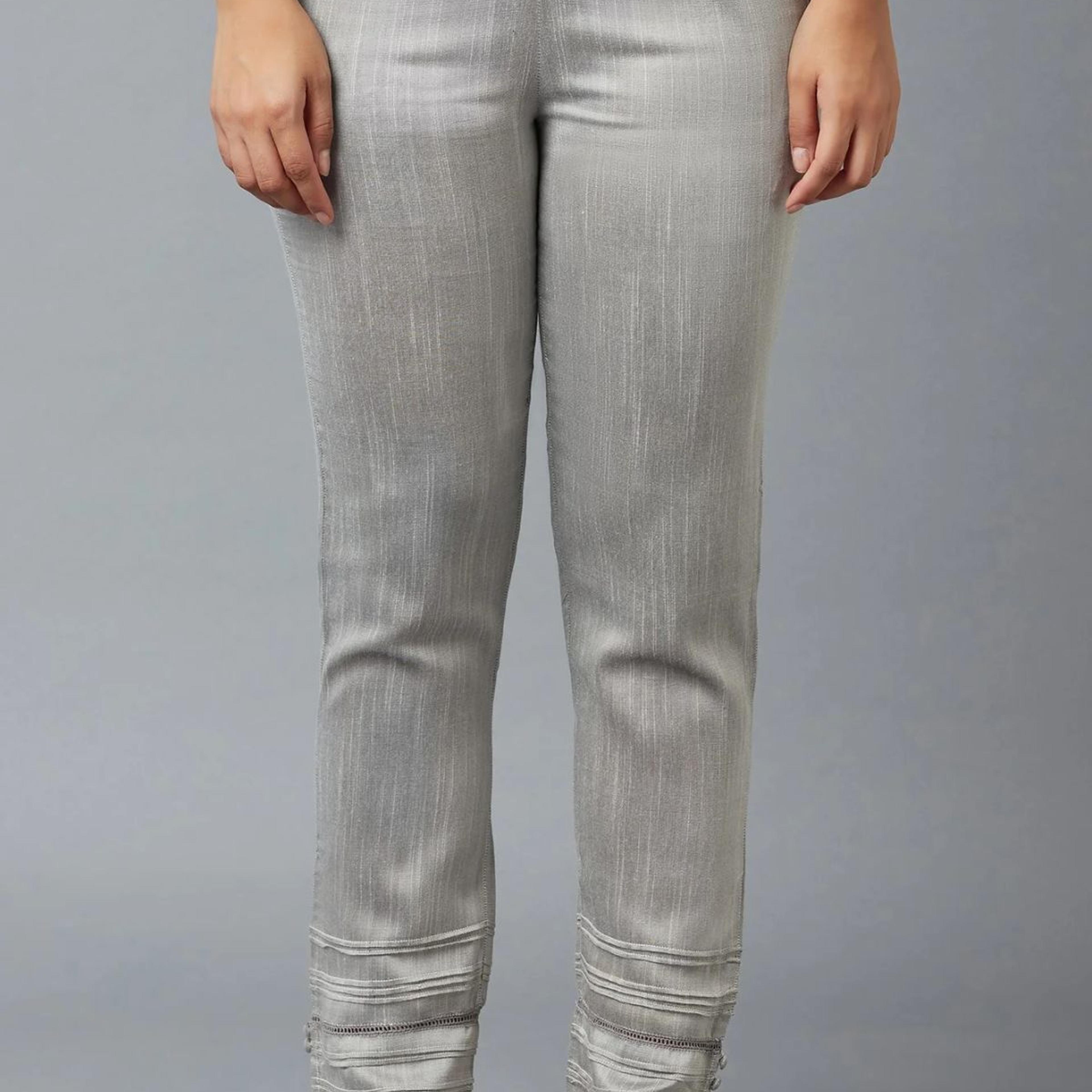 Grey Solid Straight Fit Trousers With Elasticated Waistband