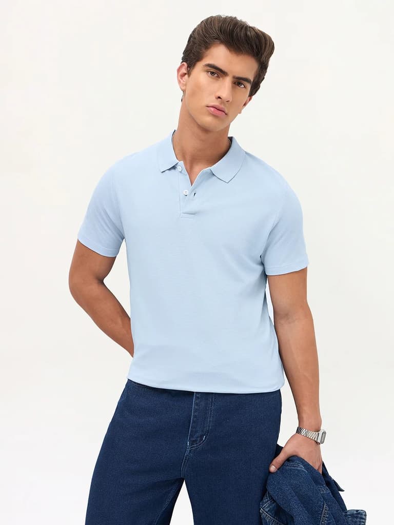Men's Light Sky Blue Solid Regular Fit Half Sleeve Cotton Polo T-Shirt — photo 2