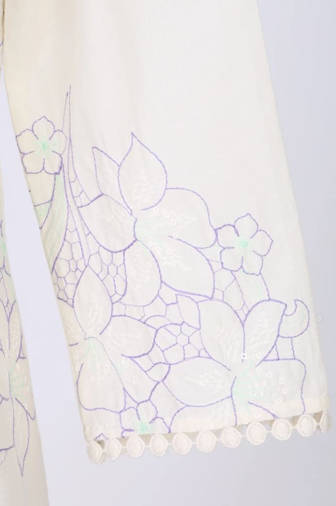 Off White Thread Embroidered Pure Cotton Straight Kurta With Straight Pants And Dupatta Set — photo 7