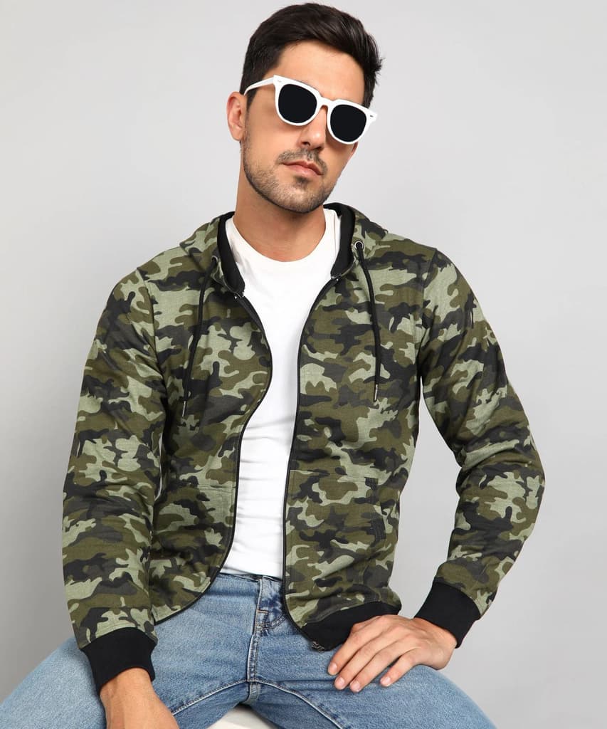 Men's Khaki Green Regular Fit Camouflage Printed Full Sleeve Casual Hooded Sweatshirt — photo 5