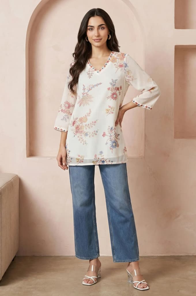 Off White Embroidered Chiffon Straight Top — photo 3