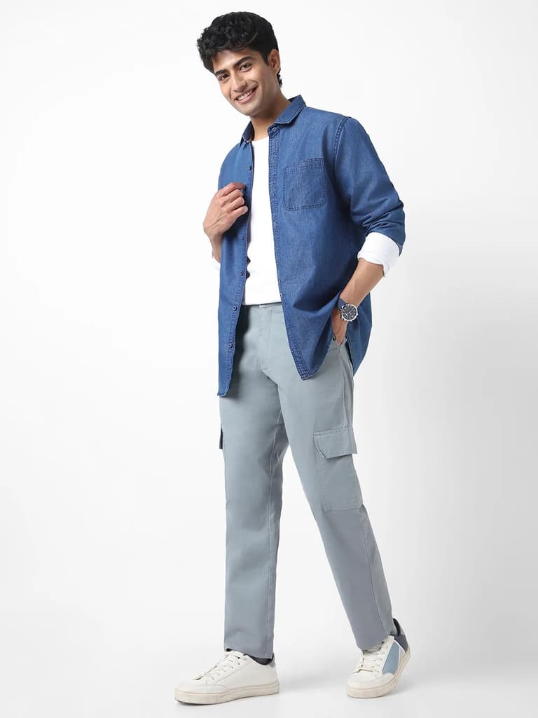 Men's Light Blue Regular Fit Solid Cargo Chino Pant with 6 Pockets Stretchable — photo 4