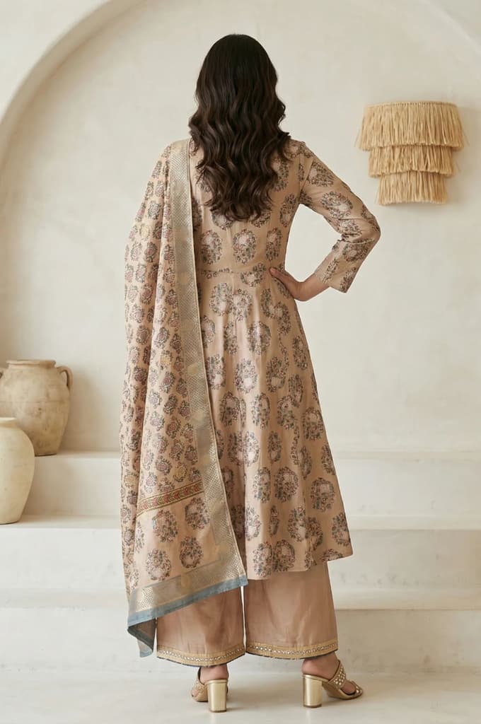 Beige Floral Printed Satin A-line Kurta with Parallel Pants and Dupatta Set — photo 4
