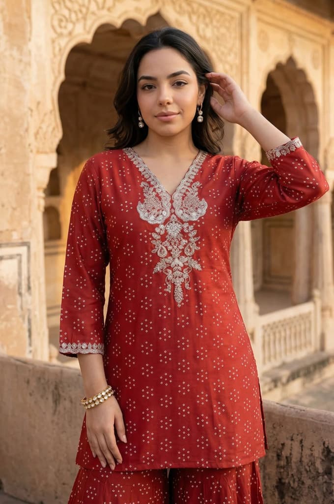 Red Metallic Embroidered Bandhani Straight Kurta — photo 2