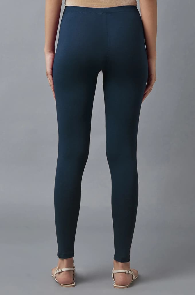 Navy Blue Solid Skinny Fit Cotton Tights With Elasticated Waist — photo 2