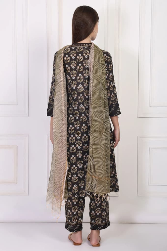Black Floral Printed Embellished A-Line Cotton Kurta with Straight Pant and Dupatta Set — photo 5