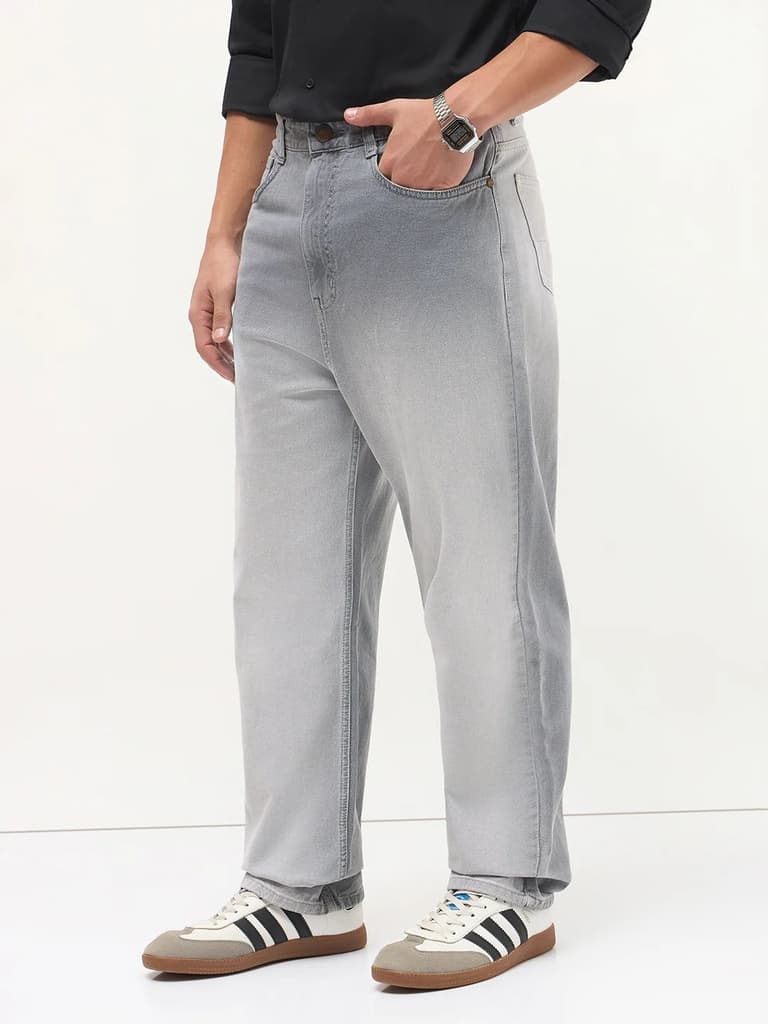 Men's Light Grey Loose Baggy Fit Heavy Washed Faded Denim Jeans Non-Stretchable — photo 2