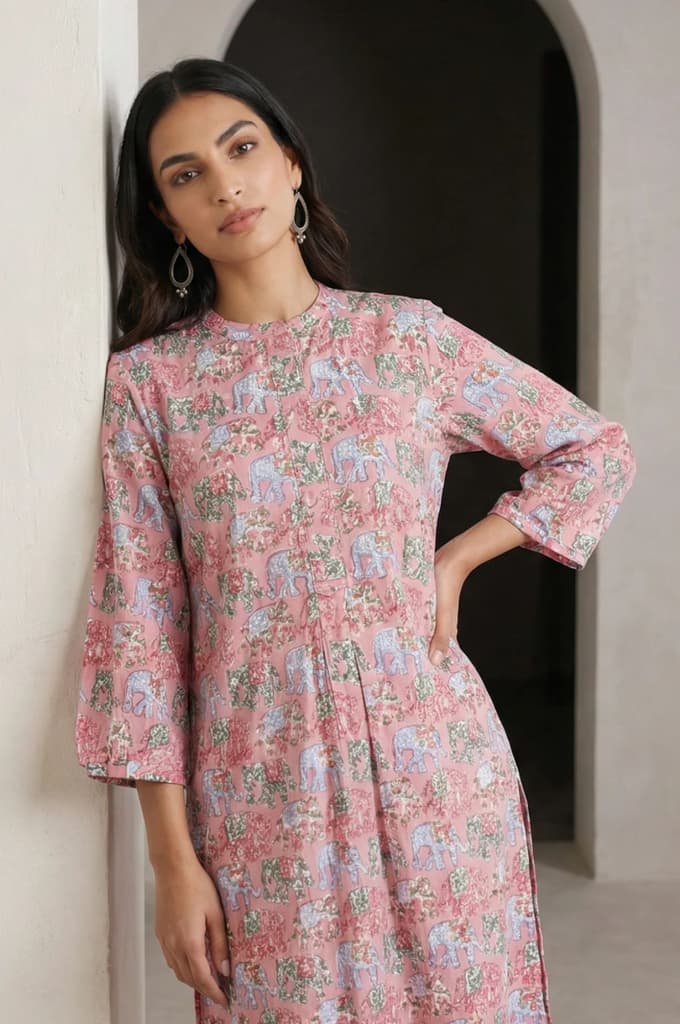 Pink Block Printed Pure Cotton Straight Kurta with Pants Set — photo 3