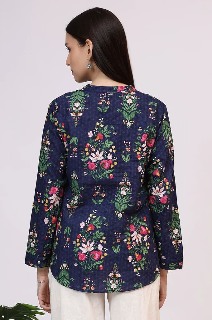 Navy Blue Floral Printed Pure Cotton Ethnic Shirt — photo 6