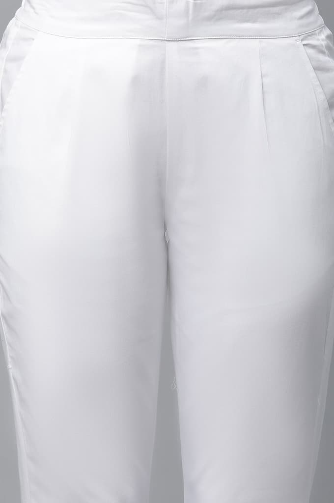 White Solid Straight Fit Cotton Pants With Elasticated Waist — photo 6