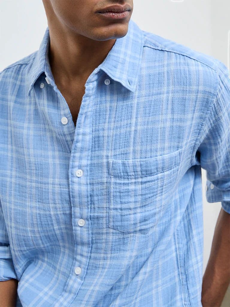 WES Casuals Light Blue Checks Relaxed-Fit Cotton Shirt — photo 4