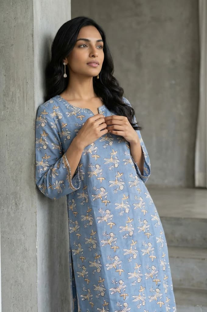 Blue Block Printed Pure Cotton Straight Kurta with Pants and Dupatta Set — photo 2