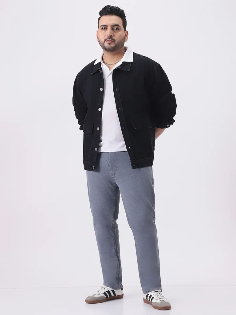Plus Men's Black Relaxed Fit Full Sleeve Utility Denim Jacket — photo 4