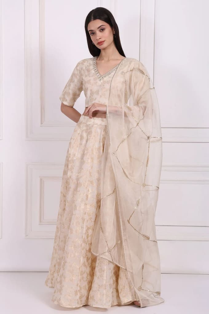 Cream Embellished Maxi Jacquard Blouse with Skirt and Dupatta Set — photo 3