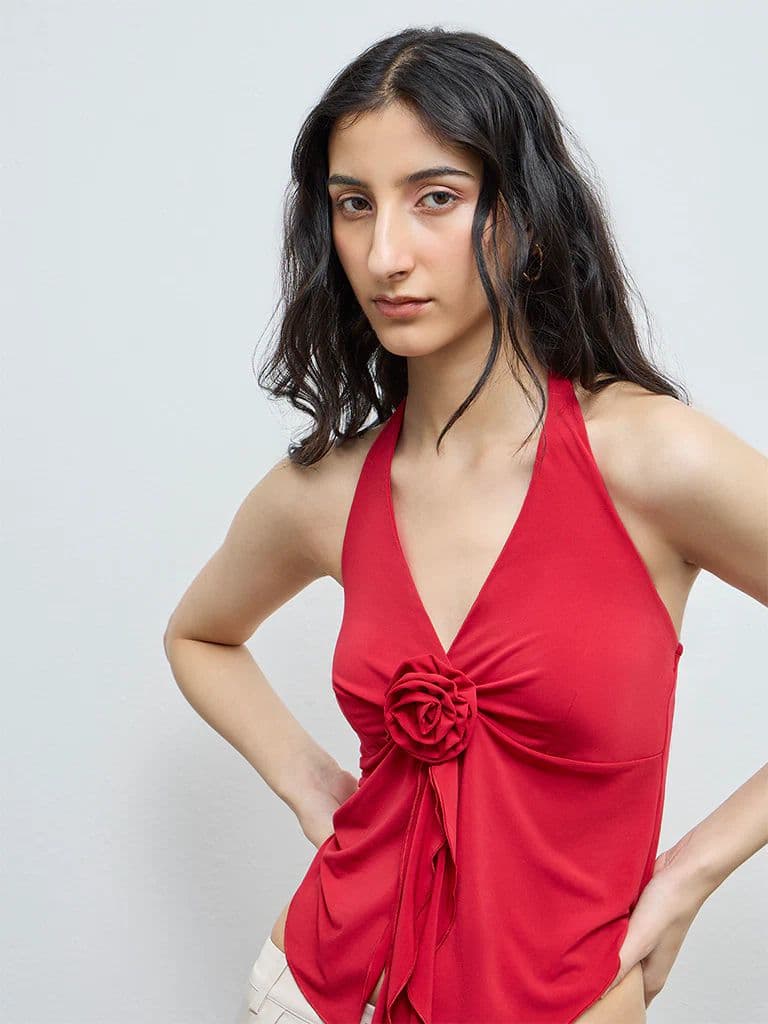 Nuon Red Floral Applique Top