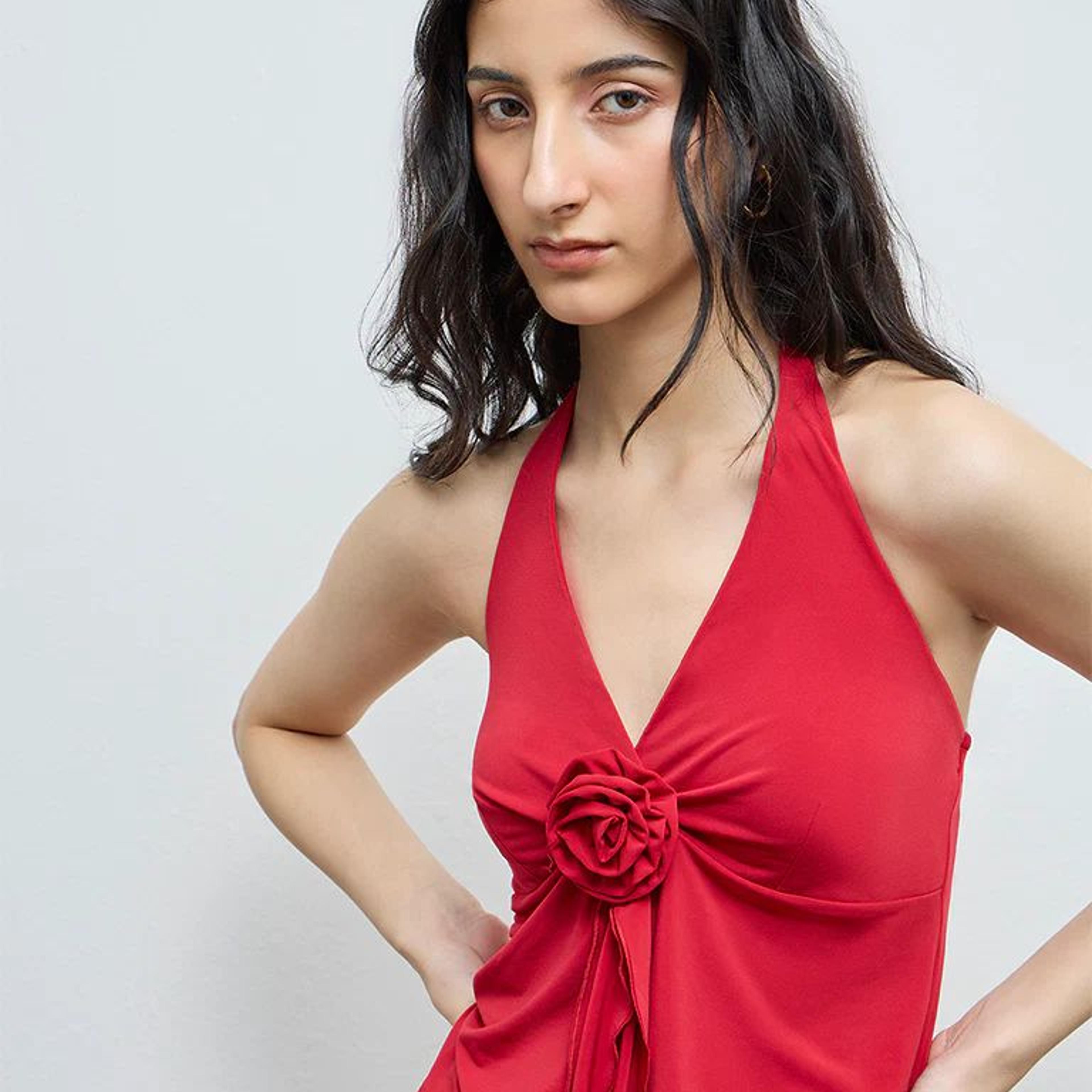 Nuon Red Floral Applique Top