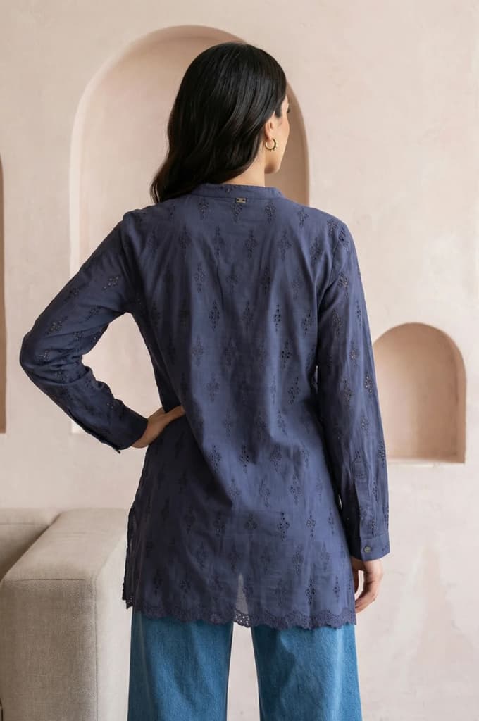 Navy Blue Schiffli Pure Cotton Straight Shirt — photo 5