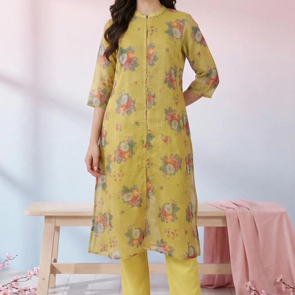 Yellow Floral Printed Kota Straight Kurta