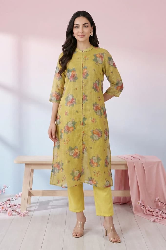 Yellow Floral Printed Kota Straight Kurta — XS