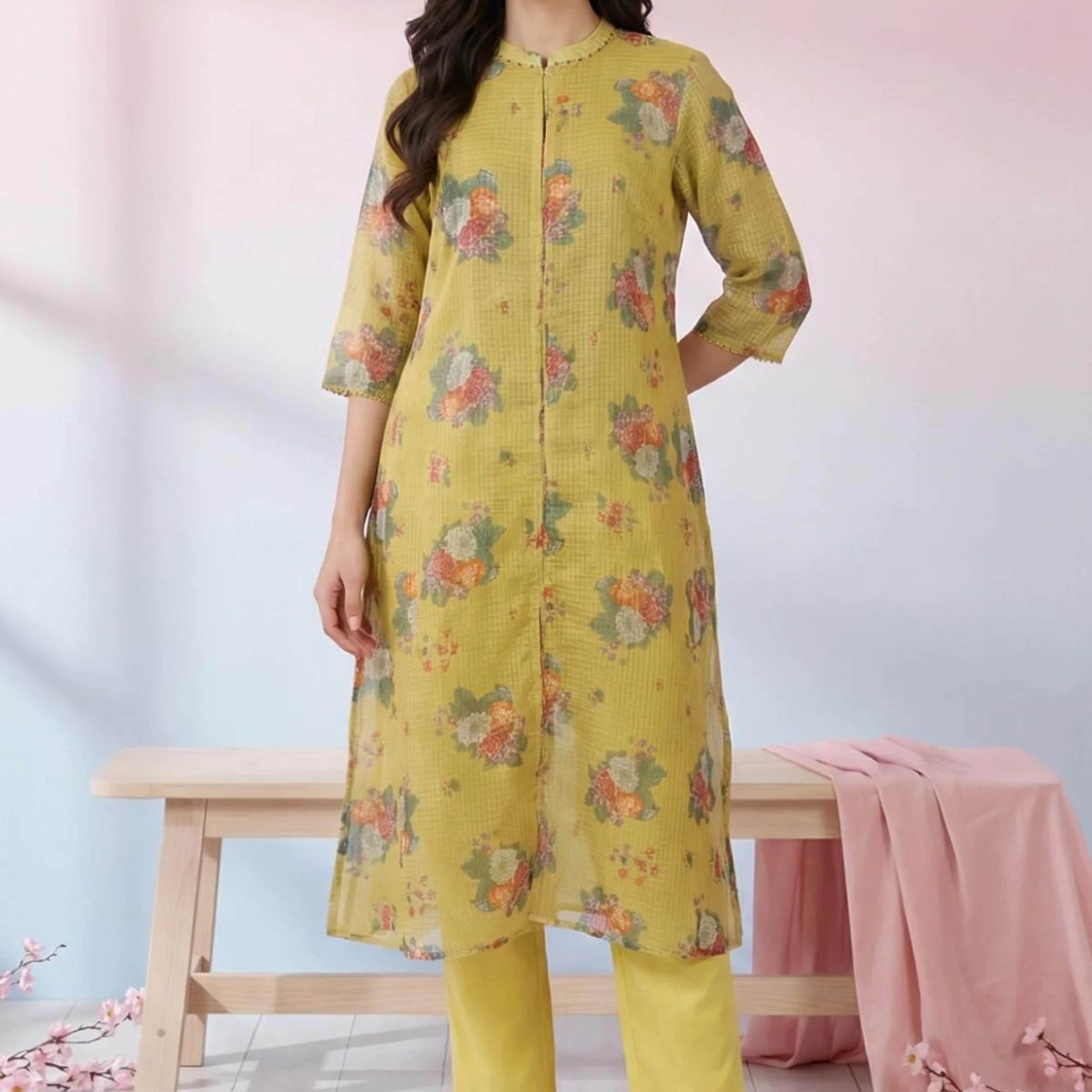 Yellow Floral Printed Kota Straight Kurta