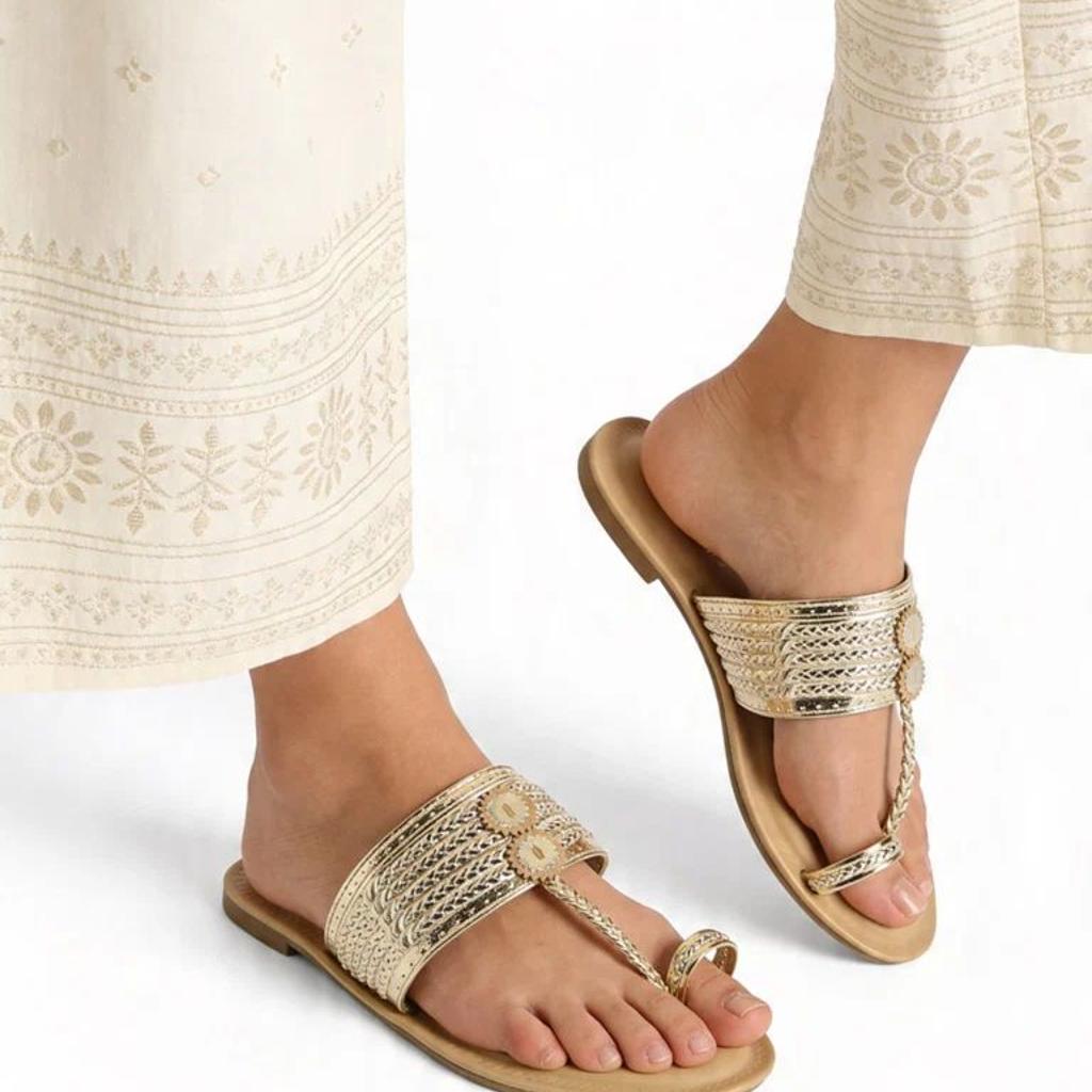 LUNA BLU Gold Braided Kolhapuri Sandals
